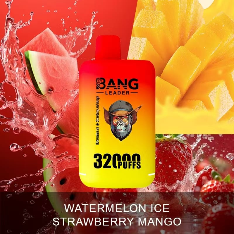 Un producto de vapeo vibrante con la marca 'BANG Leader' destacada, que ofrece sabores de helado de sandía y mango de fresa, sobre un fondo dinámico con salpicaduras e imágenes de rodajas de sandía, trozos de mango y fresas.