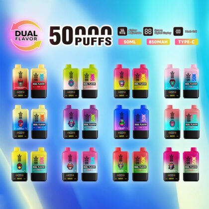 A promotional image of various dual-flavor disposable vape devices, each with different colors and graphic designs, highlighting features such as 50,000 puffs, 50ml capacity, 850mAh battery, and USB Type-C charging on a blue gradient background.