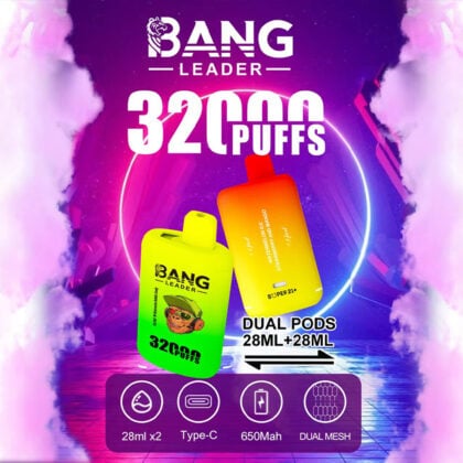 Promotional image for Bang Leader vape, featuring two brightly colored vape devices with 32,000 puffs and dual pods of 28ml each, highlighted in a futuristic background with large text and icons showing Type-C charging, 650mAh battery, and dual mesh technology.