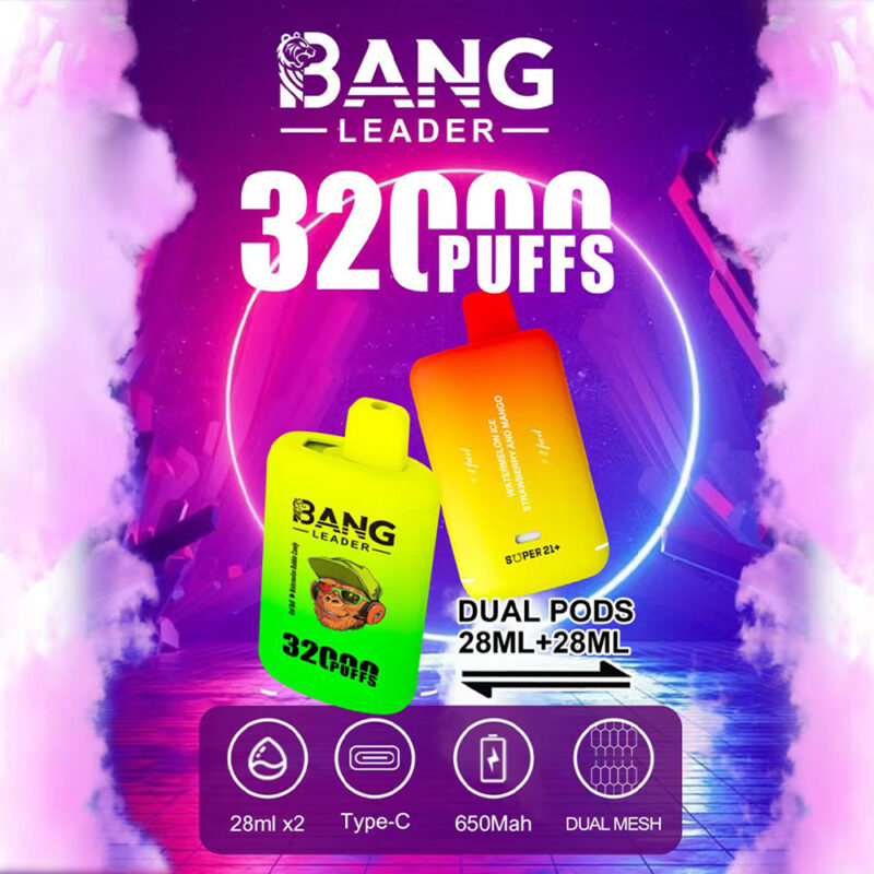 Imagen promocional del vaporizador Bang Leader, que presenta dos dispositivos de vapeo de colores brillantes con 32.000 bocanadas y cápsulas duales de 28 ml cada una, resaltados en un fondo futurista con texto grande e íconos que muestran carga tipo C, batería de 650 mAh y tecnología de malla dual.