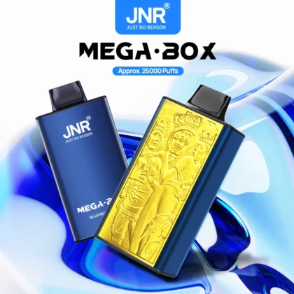 Un dispositivo de vapeo azul y dorado con el logotipo "JNR" y un diseño decorativo en relieve en el lado dorado, etiquetado "MEGA·BOX" y "Aprox. 25000 bocanadas".