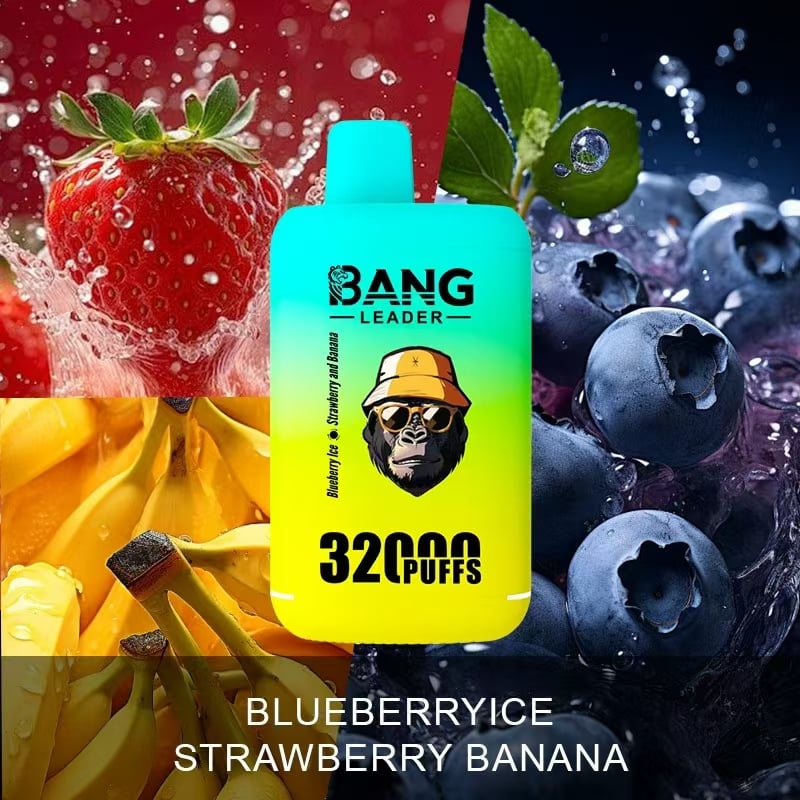 Un dispositivo de vapeo electrónico vibrante etiquetado como 'Bang Leader' con '32000 bocanadas', que presenta imágenes de sabores de fresas, plátanos y arándanos con el texto 'Blueberry Ice Strawberry Banana'.