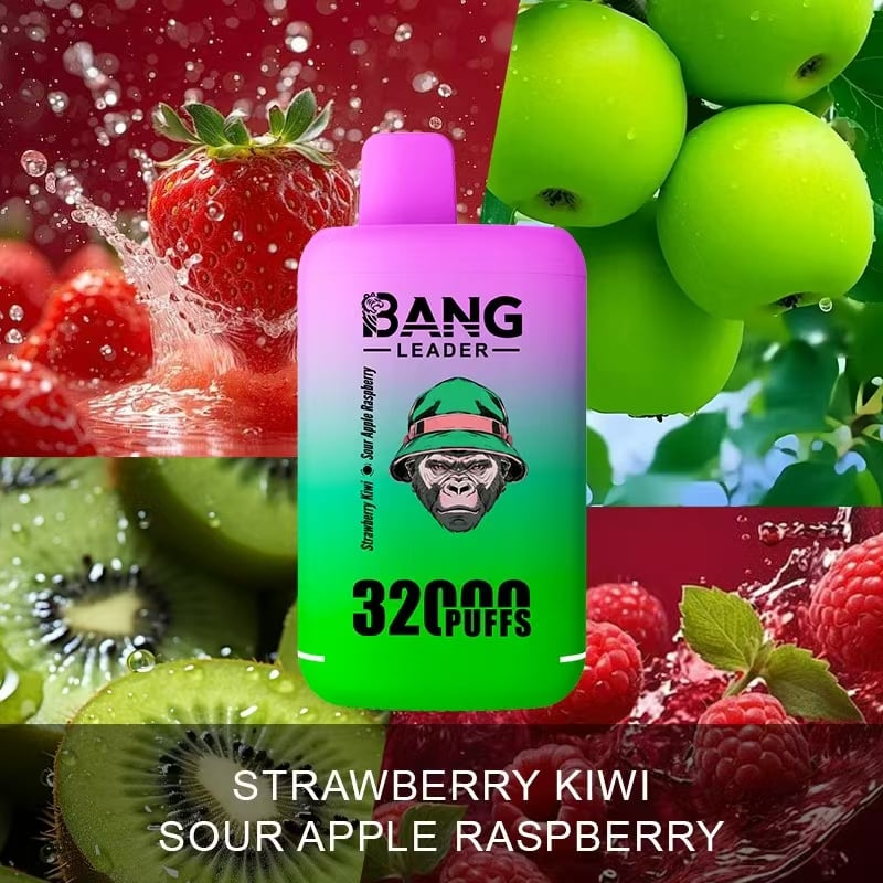 Un dispositivo de vapeo colorido etiquetado como "Bang Leader" con una descripción del sabor "Fresa, kiwi, manzana ácida y frambuesa" sobre un fondo de imágenes de frutas frescas que incluyen fresas, manzanas verdes, kiwis y frambuesas, y un texto que indica 3200 bocanadas.
