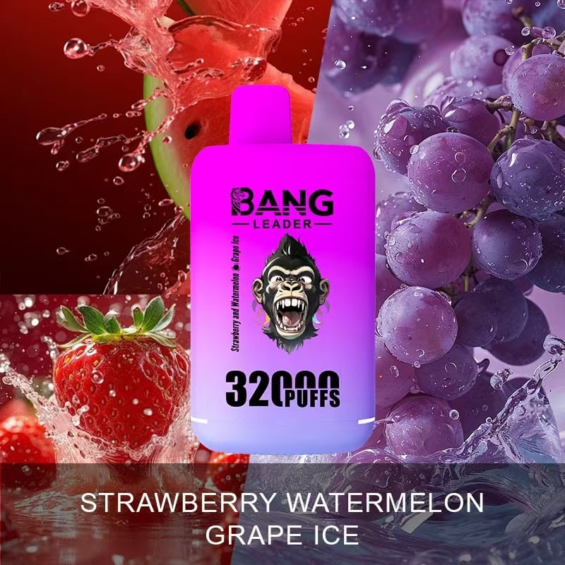 Líder en vapeo con 3200 bocanadas en sabores de fresa, sandía y hielo de uva, rodeado de fresas frescas, rodajas de sandía y uvas.