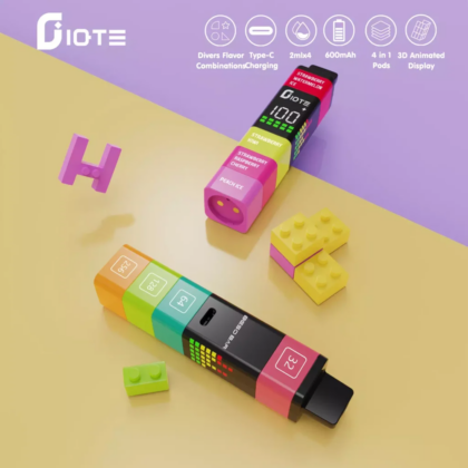 Colorful modular vaping devices resembling building blocks, with vibrant colors and labeled segments, surrounded by toy block shapes, showcasing interchangeable flavor options.
