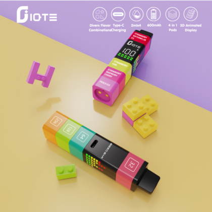 Colorful vaping devices resembling Lego pieces, accompanied by brick-like blocks in a playful arrangement.