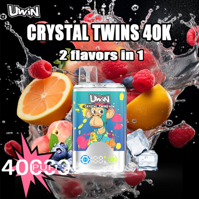 Promotional image for the UWin Crystal Twins 40K, a vaping device featuring a colorful cartoon monkey design and boasting two flavors in one, surrounded by vibrant splashes of mixed fruits and ice cubes.