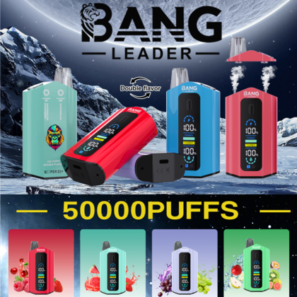 Der Bang Leader 50K Puffs Vape bietet zwei Geschmacksrichtungen, einen 650 mAh-Akku, eine Dual-Mesh-Spule, einstellbare Wattzahl, Typ-C-Laden und einen Anzeigebildschirm.