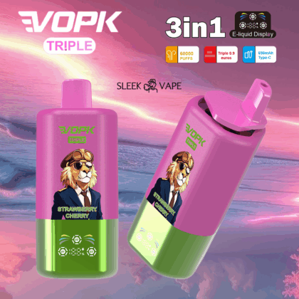 El vaporizador Vopk Triple 60000 puffs ofrece sabores 3 en 1, e-líquido de 54 ml, pantalla LED inteligente y resistencias de triple malla para un vapeo intenso y duradero.