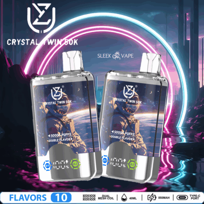 Two Crystal Twin 50K vape devices displayed against a futuristic, neon-lit backdrop with branding and descriptors like two flavors, dual mesh coil, and 50,000 puffs highlighted.