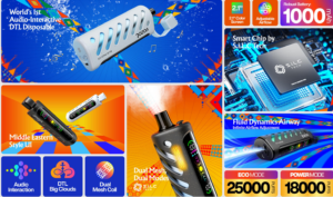 Promotional image featuring the VozoL Pod System, highlighting features such as the world's first audio-interactive DTL disposable, robust 1000 mAh battery, smart chip by Si.L.C Tech, dual mesh coil, adjustable airflow, color screen, and eco and power modes for 25000 and 18000 puffs respectively.
