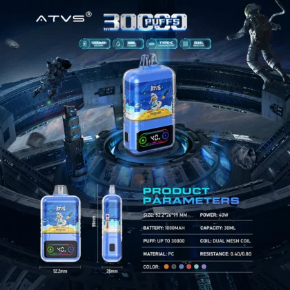Immagine promozionale per ATVS che mostra una sigaretta elettronica usa e getta da 30.000 tiri con grafica a tema spaziale, visualizzata con specifiche dettagliate del prodotto su uno sfondo di fantascienza futuristica.