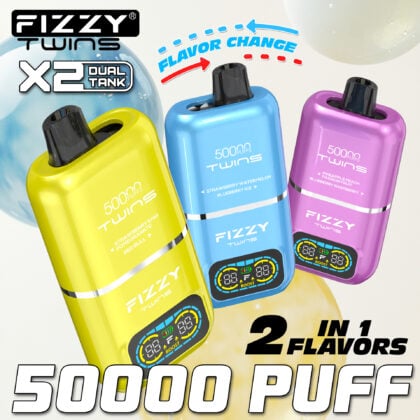 Appareils de vapotage FIZZY TWINS colorés présentés avec un double réservoir, deux saveurs, deux modes, un réservoir de 50 ml et une charge de type C - savoureux et conçus pour une satisfaction durable.