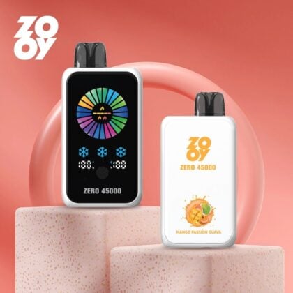 Two Zooy branded vaping devices labeled "Zero 45000" positioned against a peach-colored background, one with a colorful graphic interface and the other displaying mango passion guava flavor.