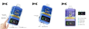 Three images showcasing ATUS brand compact vaping devices with digital displays, colorful outer designs featuring astronaut illustrations, labeled interactive buttons and features, including power adjustment and mode settings.