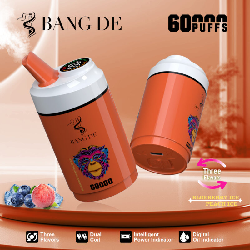 Promotional image of a Bang De brand vaping device in an orange finish with features such as 60,000 puffs, dual coil design, and flavor options including blueberry ice and peach ice. The device is showcased with highlighted details of its intelligent power and digital oil indicators.