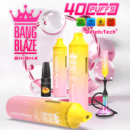 Imagen promocional de los dispositivos desechables de shisha Bang Blaze que presenta una capacidad de 40 ml, una batería de 1000 mAh, una bobina de malla de 0,6 Ω, carga tipo C, 4 niveles de nicotina y 12 sabores intensos.