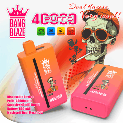 Immagine promozionale che mostra due dispositivi di svapo usa e getta Bang Blaze con vivaci colori sfumati di arancione e rosa, con specifiche quali 40.000 tiri, capacità del liquido di 40 ml, batteria da 650 mAh e doppie bobine a rete; accompagnati da una figura scheletrica stilizzata con occhiali da sole e un berretto che fuma su uno sfondo colorato.