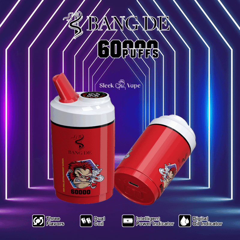 Promotional image of Bang De 60,000-Puff vape device with dual coil and digital oil indicator, shown in red with stylized monkey artwork, placed against a neon-lit background.