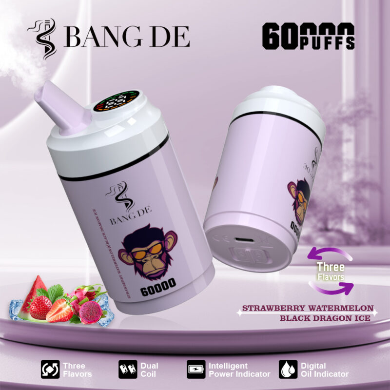 A promotional image featuring a purple Bang De vaping device with a sleek cylindrical design, highlighting its capacity of 60,000 puffs and three flavors: Strawberry Watermelon Black Dragon Ice