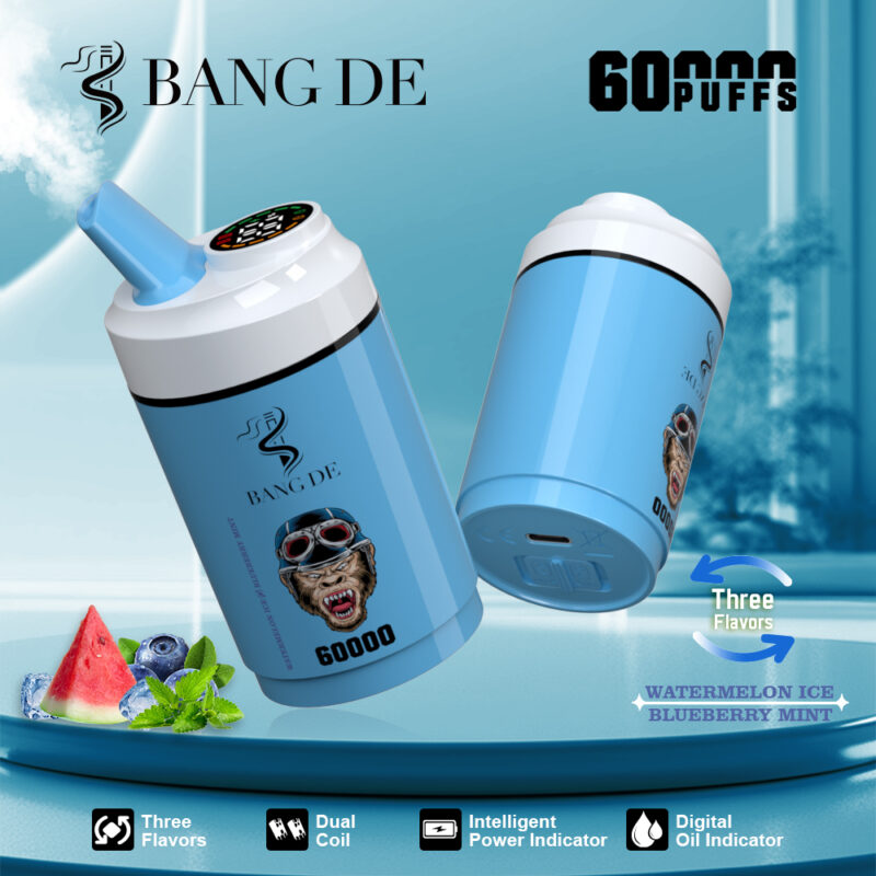 Promotional image showcasing two blue branded vape devices labeled with 'Bang De,' offering 60,000 puffs and features including three flavors, dual coil, intelligent power indicator, and digital oil indicator.