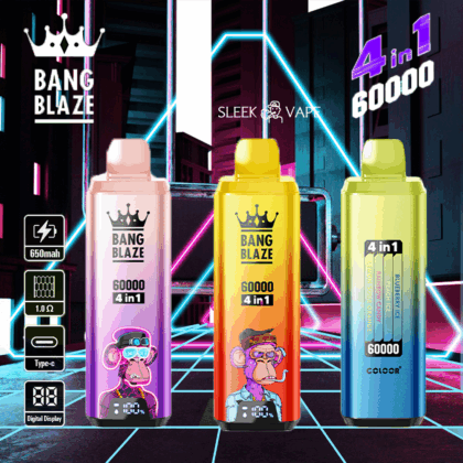 Advertising image featuring three Bang Blaze 4 in 1 vapes in different vibrant colors, with a digital display and cartoon monkey designs, set against a neon-lit cityscape with text highlighting 60,000 puffs and Type-C charging.