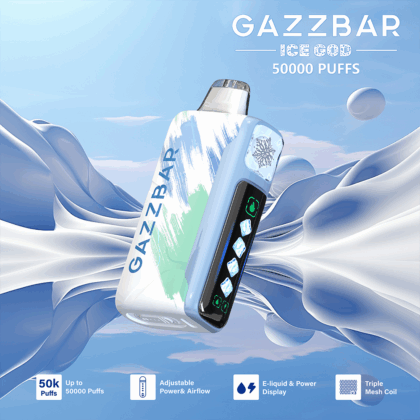 Image of the Gazzbar Ice God vape device featuring a futuristic design with snowflake motifs, highlighted for its 50,000 puffs capability, adjustable power and airflow, e-liquid and power display, and triple mesh coil against a stylized icy blue background.
