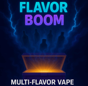 A stylized promotional image showing a glowing box emitting light with silhouetted bottles above, surrounded by smoke and electric arcs, featuring the text "Flavor Boom" in neon colors and "Multi-Flavor Vape" below.