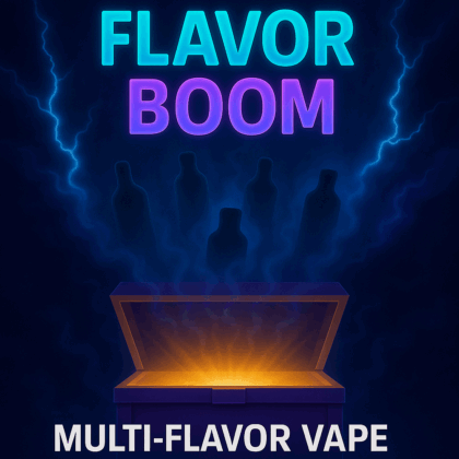 A glowing box emitting mist around silhouettes of bottles, featuring the text 'Flavor Boom' and 'Multi-Flavor Vape.'