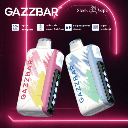 Colorful design showcasing two GAZZBAR vape devices labeled with features such as adjustable power and airflow, sleek appearance, and e-liquid display.