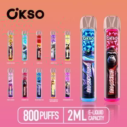 OKSO Crystal Bar 800 Puffs engångsvapepenna erbjuder mesh-coil, RGB LED, 2 ml e-vätska, 400 mAh batteri och 10 smaker för smidig och snygg vaping.
