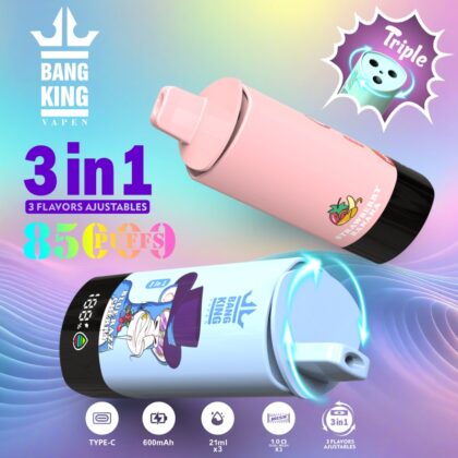 Promotional image for Bang King Vapen showcasing two vape devices, one pink labeled 'Strawberry Banana' and one blue, featuring a '3 in 1' adjustable flavor system with 8500 puffs capacity and specifications like Type-C charging, 600mAh battery, and 63ml capacity per flavor.