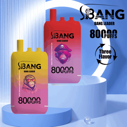 Immagine promozionale che mostra due dispositivi per svapare colorati del marchio Bang Leader, etichettati come in grado di fornire 80.000 tiri, visualizzati su uno sfondo moderno blu e bianco con testo che evidenzia i tre gusti disponibili.