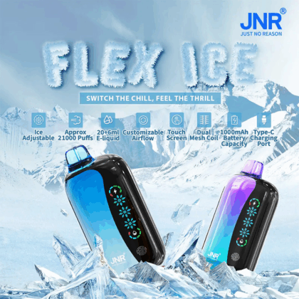 Promotional image featuring two vibrantly-colored vaping devices on a snowy backdrop, with brand name 'JNR' and product details like adjustable ice setting and high puff capacity highlighted.