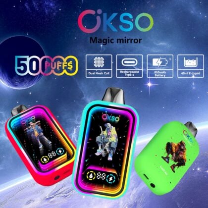 Promotional image for OKSO Magic Mirror vape devices featuring colorful designs, showcased against a starry outer space background with highlighted features including 5000 puffs, dual mesh coils, rechargeable Type-C technology, an 850mAh battery, and 40ml e-liquid capacity.