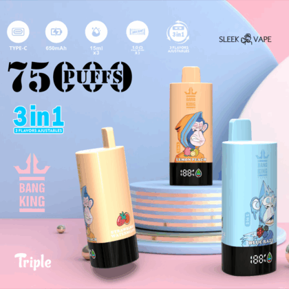 Reklambild som visar tre färgglada elektroniska vape-enheter märkta som "Bang King", som erbjuder 75 000 puffs och tre justerbara smaker. Bang King Triple 75 000 puffs vape erbjuder 3 justerbara smaker, LED-display, Type-C-laddning och en trippelmesh-spole för djärv smak och mjuk ånga.
