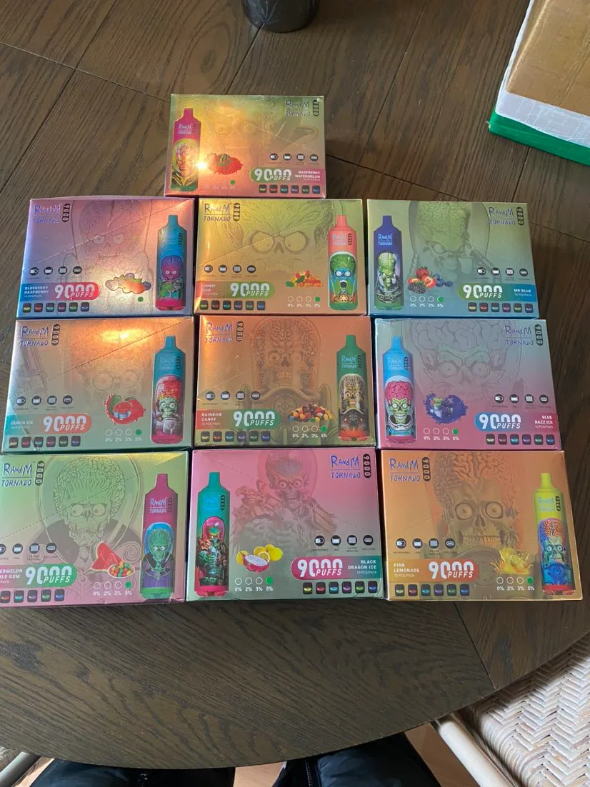 Several colorful vape boxes labeled "Rahim Tornado 9000 puffs" arranged on a wooden table, each featuring different flavors and vibrant character illustrations.