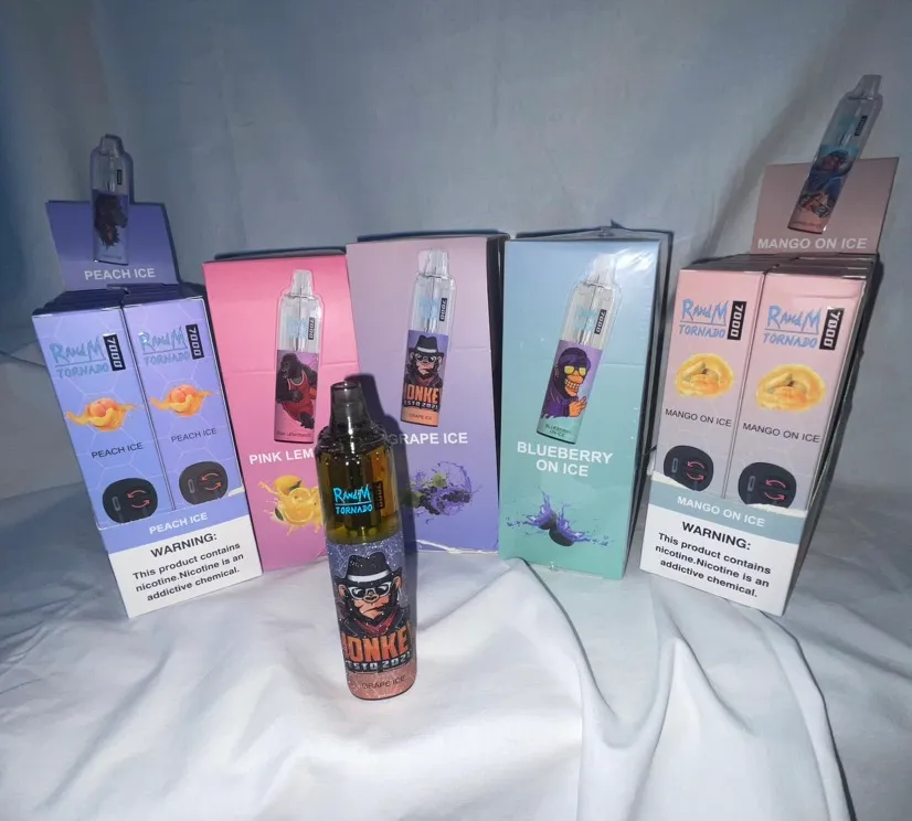 Various boxed flavors of Ranwa Tornado and Donke e-cigarettes are displayed, including Peach Ice, Pink Lemonade, Grape Ice, Blueberry on Ice, and Mango on Ice. One e-cigarette is standing upright in front of the boxes.